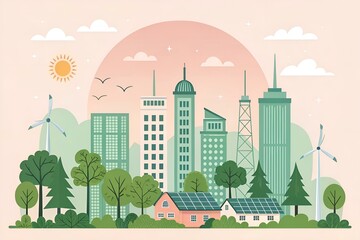 Zrównoważone miasto z zielenią, panelami słonecznymi i turbinami wiatrowymi – koncepcja ekologii i nowoczesnej urbanistyki