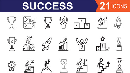 Set of silhouette whitch containing achievement, successful, strategy, winner, teamwork, goal, brainstorm.
