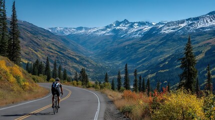   A man rides a bike down a winding road in front of snow-capped mountain peaks