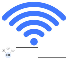 Large blue wireless icon atop a smaller node-based HR network diagram showcasing human-centric connections. Ideal for technology, communication, networking, HR systems, workforce connectivity