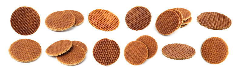 Yummy Dutch waffles isolated on white, set