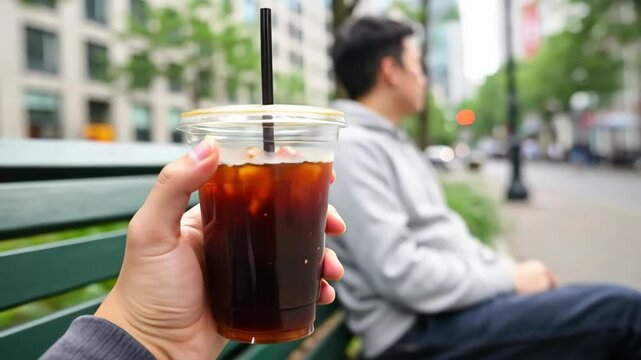 Hand holding iced coffee in clear plastic cup with black straw on city park bench, man in gray hoodie blurred in background