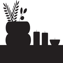 Minimalist black and white illustration of candles and plant silhouette art