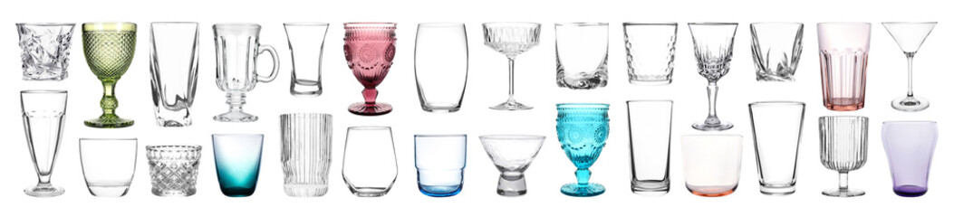 Different empty clean glassware on white background, collage
