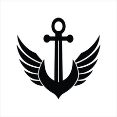  Nautical Anchor with Wings Icon Black and White