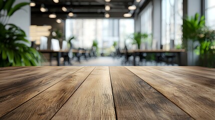 Empty desk in modern office with wooden table  long title Empty wooden desk in a bright modern office setting with blurred background and greenery
