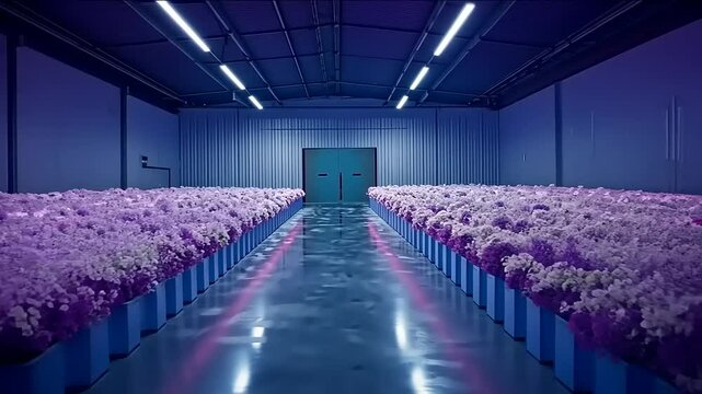 Purple Hydrangeas Under Artificial Light in a Warehouse