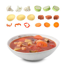 Delicious cooked stew and fresh ingredients on white background, collage