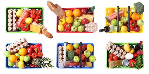 Shopping baskets with different products on white background, collage. Top view