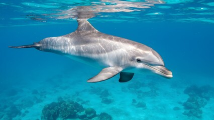 Naklejka premium A high-quality image of a Bottlenose Dolphin (Tursiops truncatus) swimming gracefully in the clear blue ocean