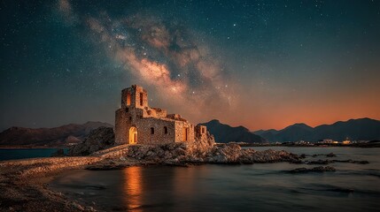   A building perched atop a water body under a star-studded, milky night sky