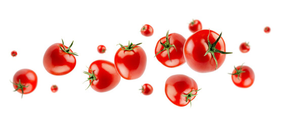 Beautifully retouched elite quality and grade plum-shaped tomatoes fly and levitate in space. Isolated on white
