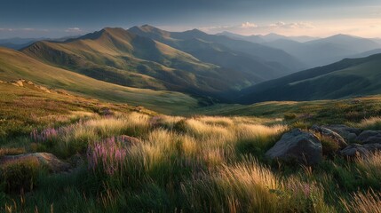 Obraz premium A field of green grass dotted with flowers and boulders in the foreground, and a majestic mountain range in the background