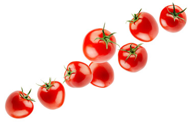 Beautifully retouched elite quality and grade plum-shaped tomatoes fly through space forming a chain shape. Isolated on white