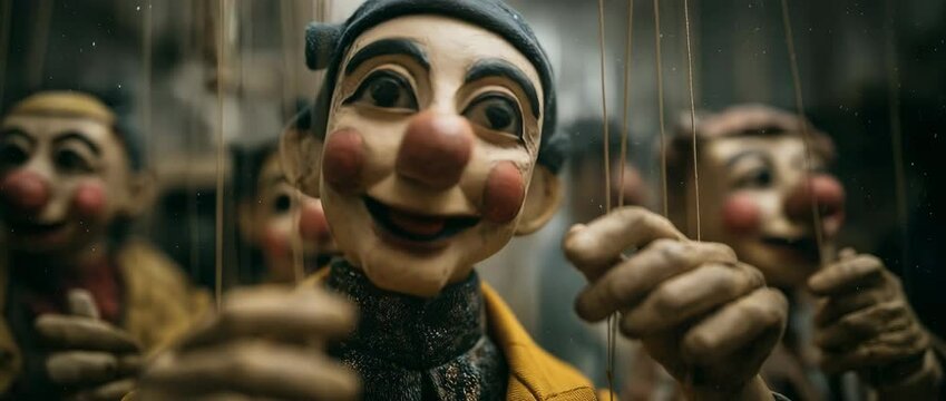 Handheld close-up of marionette puppets with exaggerated facial features performing on a rainy urban street
