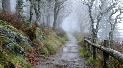   Path through foggy forest with trees on each side and wooden fence beyond