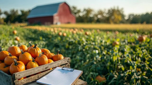 Explore the charm of autumn with a wooden crate brimming with pumpkins and a notebook for jotting down seasonal inspirations.