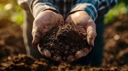 Farmer holding soil in hands close up