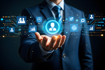 Businessman holding digital hologram showing data analytics and customer relationship management