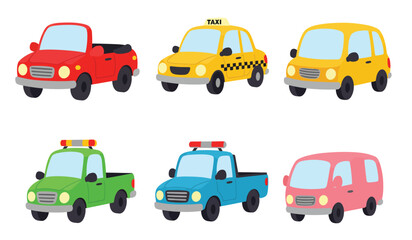 Naklejka premium Flat cars. Cartoon vehicle side view. Taxi, minivan, mini car, suv and pickup truck. City auto transport icons. Automobile design vector set. City transportation objects isolated on white