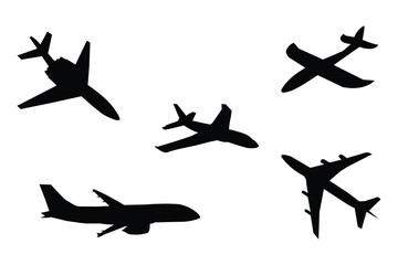 A black and white plane illustration. Airplanes silhouettes black vector