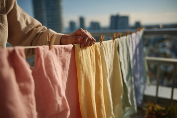 Hanging colorful linen on a sunny balcony in a bustling city view