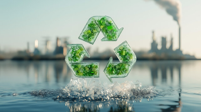 Conceptual recycle symbol over water design, for sustainability and green energy, efforts against pollution, and circular economy, with a factory background. Industry, environment, nature