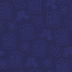 Medical seamless pattern in line art style includes pills, band aids,medical clipboards, phone emergency call icons isolated on dark purple background.	