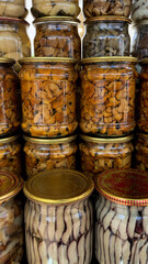 Panoramic view of different varieties of mushrooms preserved in glass jars. Concept of mushroom growing, food preservation, home canning and organic products. Cooking, farming and seasonal food