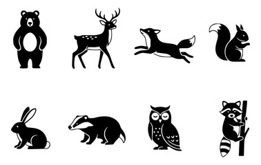 Collection of diverse forest animal icons. A simple outline with varying shapes. Each depicts a different animal