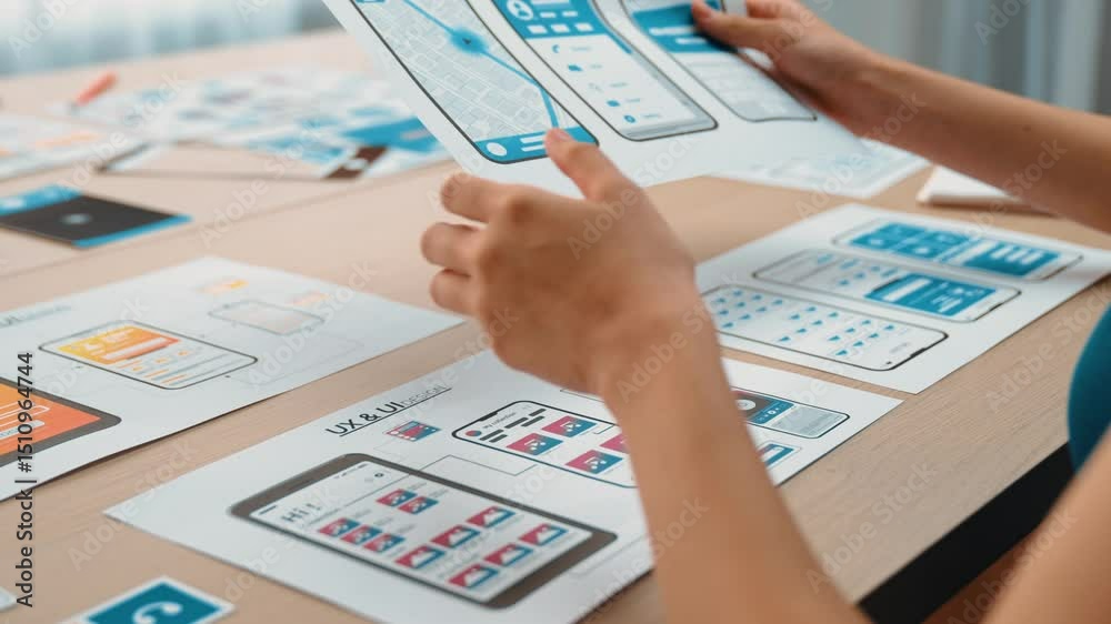 Poster startup company employee planning for user interface prototype for mobile application or website in 