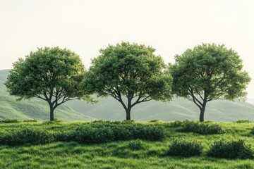 Fototapeta premium Three trees are standing in a grassy field