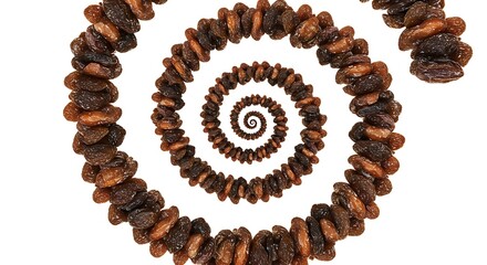 Obraz premium Hypnotic spiral vortex pattern meticulously created from dark brown dried raisins, receding into an infinite visual tunnel.