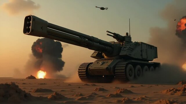 Heavy Artillery Vehicle with Mounted Railgun in Sci-Fi Battlefield, Surrounded by Glowing Craters and Smoke Trails in Futuristic War Zone

