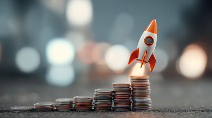 Rocket launching from stack of coins, symbolizing successful business startup and financial growth