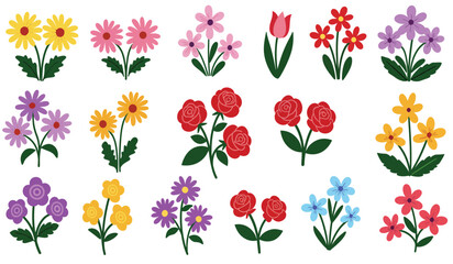 Collection of spring colorful flower elements vector. Set floral of wildflower, leaf branch, foliage on white background. Hand drawn blossom illustration for decor, easter, thanksgiving, clipart.