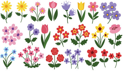 Collection of spring colorful flower elements vector. Set floral of wildflower, leaf branch, foliage on white background. Hand drawn blossom illustration for decor, easter, thanksgiving, clipart.