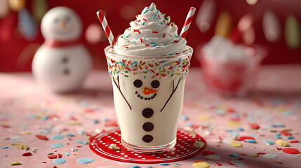 Whimsical Christmas snowman milkshake, a festive holiday beverage topped with sweet whipped cream and colorful confetti sprinkles