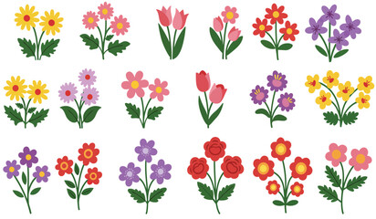 Collection of spring colorful flower elements vector. Set floral of wildflower, leaf branch, foliage on white background. Hand drawn blossom illustration for decor, easter, thanksgiving, clipart.