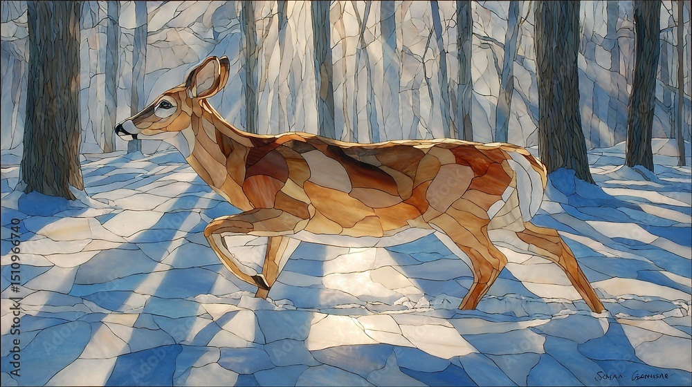 Canvas Prints painting of deer in snowy forest with sunlight filtering through trees