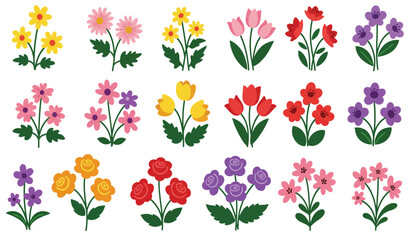 Collection of spring colorful flower elements vector. Set floral of wildflower, leaf branch, foliage on white background. Hand drawn blossom illustration for decor, easter, thanksgiving, clipart.