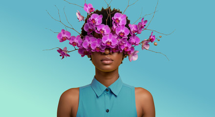 Hybrid Human Orchid Blue Concept Art, Abstract Portrait with Blue Sundress, Copy Space, Surreal Photo