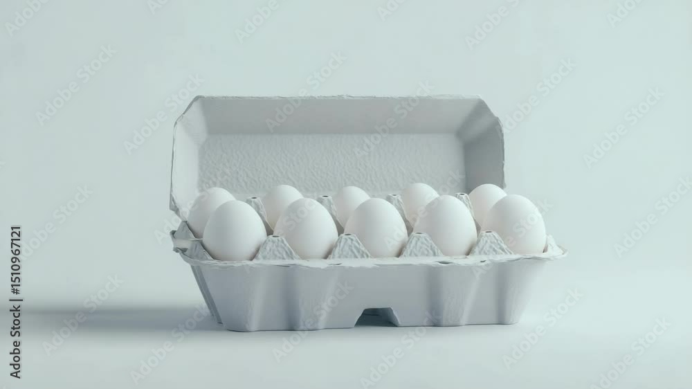 Poster pristine white eggs nestling inside open cardboard carton, presenting clean minimalist composition a