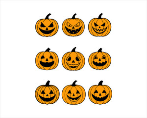 Halloween Jack-o'-Lantern Pumpkin Faces Vector Set – 9 Scary, Cute, Funny Carved Pumpkins for Party, Poster, and Fall Designs.