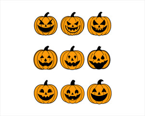 Halloween Jack-o'-Lantern Pumpkin Faces Vector Set – 9 Scary, Cute, Funny Carved Pumpkins for Party, Poster, and Fall Designs.