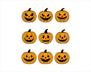 Halloween Jack-o'-Lantern Pumpkin Faces Vector Set – 9 Scary, Cute, Funny Carved Pumpkins for Party, Poster, and Fall Designs.