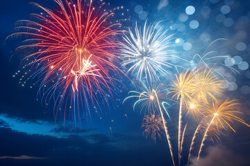 Vibrant fireworks display exploding in the night sky with various colors and patterns.