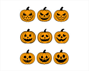 Halloween Jack-o'-Lantern Pumpkin Faces Vector Set – 9 Scary, Cute, Funny Carved Pumpkins for Party, Poster, and Fall Designs.