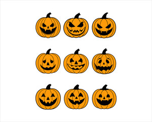 Halloween Jack-o'-Lantern Pumpkin Faces Vector Set – 9 Scary, Cute, Funny Carved Pumpkins for Party, Poster, and Fall Designs.