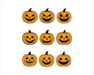Halloween Jack-o'-Lantern Pumpkin Faces Vector Set – 9 Scary, Cute, Funny Carved Pumpkins for Party, Poster, and Fall Designs.